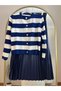 Women's Knitwear Cardigan Pleated Skirt Navy Blue Set Women's Short Striped Cardigan and Skirt Set - 4
