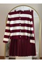Women's Knitwear Cardigan Pleated Skirt Burgundy Suit Women's Short Striped Cardigan and Skirt Suit - 4