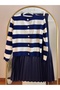 Women's Knitwear Cardigan Pleated Skirt Navy Blue Set Women's Short Striped Cardigan and Skirt Set - 2