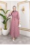 Women's Burgundy Satin Long White Striped Evening Dress with Belt Hijab Dress - 2