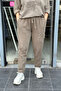 Women's Brown Elastic Waist Lace-Up Appliqué Star / Daisy Patterned Linen Trousers with Side Pockets