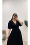 Women's Collar Piping Tie V-Neck Elastic Waist Sleeve Mouth Elastic Balloon Sleeve Long Dress - 2
