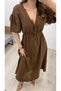 Women's Collar Piping Tie V-Neck Elastic Waist Sleeve Mouth Elastic Balloon Sleeve Long Dress - 2