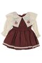Girl's Ecru Red Plaid Patterned Collared Scalloped Flower Embroidered Dress