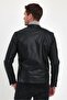 Men's Black Basic Leather Iron Zipper Detailed Fur Lined Jacket & Coat - 6