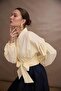 Women's Cream Shirt Navy Blue Skirt Suit - 2