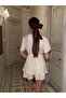 Women's V Neck Short Sleeve Beige Belted Mini Dress - 3