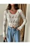 Beige Perforated Low-Cut Long Sleeve Women's Blouse