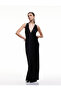 Deep V-Neck Satin Back Detail Long Evening Dress - 3