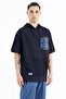 Navy Blue Hooded Printed Kangaroo Pocket Oversize Men's T-shirt - 88196 - 4