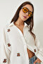 Women's Ecru Teddy Embroidered Oversize Cotton Shirt with Elastic Sleeves 2060 60283011 - 6