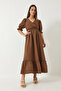 Women's Brown Double Breasted Collar Long Dress with Elastic Sleeves and Waist 3018 60283012 - 2