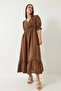 Women's Brown Double Breasted Collar Long Dress with Elastic Sleeves and Waist 3018 60283012 - 3