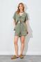 Women's Khaki Low Sleeve Tie Blouse Shorts Linen Suit