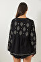 Women's Black V-Neck Embroidered Cotton Blouse 60283014 - 6
