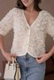 Women's V Neck Organza Flower Detail Button Blouse - 6