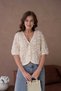 Women's V Neck Organza Flower Detail Button Blouse