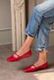 Pablo Red Genuine Leather Buckle Detailed Flat Sole Women's Ballerinas - 4
