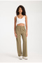 Women's Khaki Double Pocket Lycra Belt Elastic Detailed Zippered High Waist Crepe Style Trousers. - 5