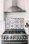 Blue Tile Patterned Glass Stove Back Protector, Heat Resistant, Countertop Built-In and Kitchen Protection