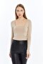 Women's Cream Square Neck Long Sleeve Crop Blouse - 2