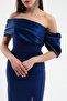 Women's Navy Blue Slim Fit Collar Detailed Slit Long Evening Dress - 4