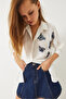 Women's White Butterfly Bead Stone Embroidered Aerobin Oversize Shirt 60283030 - 3