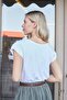 Women's Quality Lycra-Free Span Fabric Wide Zero-Neck Double Sleeve Epaulet Buttoned T-Shirt Blouse-White - 7