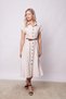 Women's Twill Modal Collar Off-Shoulder Double Sleeve Midi Length Above Knee Dress (Leather Belt Included)-Stone - 4
