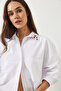 Women's White Collared Heart Embroidered Off-Shoulder Oversize Poplin Shirt 60420 60271082 - 5