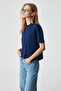 Remsos Women's Oversize Crew Neck Short Sleeve Navy Blue T-Shirt - 4