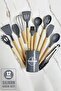 12-Piece Silicone Colander Ladle Whisk Spoon Spatula Tongs Serving Set Bamboo Handle Gray Kitchen Utensils