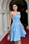 Satin Fabric Strapless Neck Mini Dress - Baby Blue - 3
