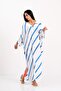 Women's Blue Striped V-Neck Back Parrot Patterned Bat Sleeve Oversize Long Dress - 6