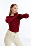 Women's Burgundy Round Neck Long Sleeve Blouse - 2