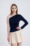 Women's One Shoulder Gathered Navy Blue Blouse - 2