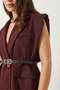 Women's Burgundy Pocket Detailed Belted Padded Oversize Lined Blazer Vest 11143 60281003 - 5
