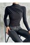 Draped Black Stand Collar Blouse - 4