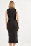 V Detailed Front Slit Slim Ribbed Dress Black - 5