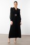 Modailgi Long Dress with Stones on the Sleeves and Shoulders, Belt at the Waist, Pleated, Black - 4
