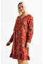 Long Sleeve Velvetin Bade Patterned Short Autumn and Winter Dress Burgundy Brd - 4