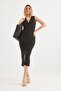 V Detailed Front Slit Slim Ribbed Dress Black - 2