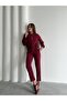 Women's Zippered Jacket Pants Bottom-Top Burgundy Set - 3