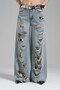 Women's Denim Color Ripped Detailed Belted Design Palazzo Jean - 3