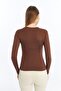 Women's Brown Round Neck Long Sleeve Blouse - 5