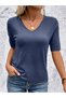 Lycra V-Neck Stretchy Short Sleeve Knitwear Indigo Blouse - 4