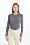 Women's Anthracite Gray Round Neck Long Sleeve Blouse