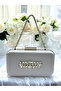 Silver Gray Lame Color Satin Stone Handle Women's Evening Dress Bag - 2