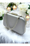 Silver Gray Lame Color Satin Stone Handle Women's Evening Dress Bag - 3