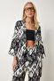 Women's Black and White Patterned Crinkle Summer Kimono Pants Set Zv00271 - 5